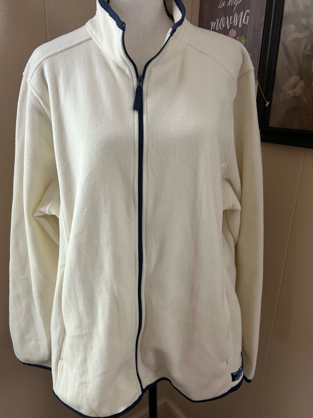 LL  bean Cream Full-Zip Fleece Jacket with Navy Trim size 2X